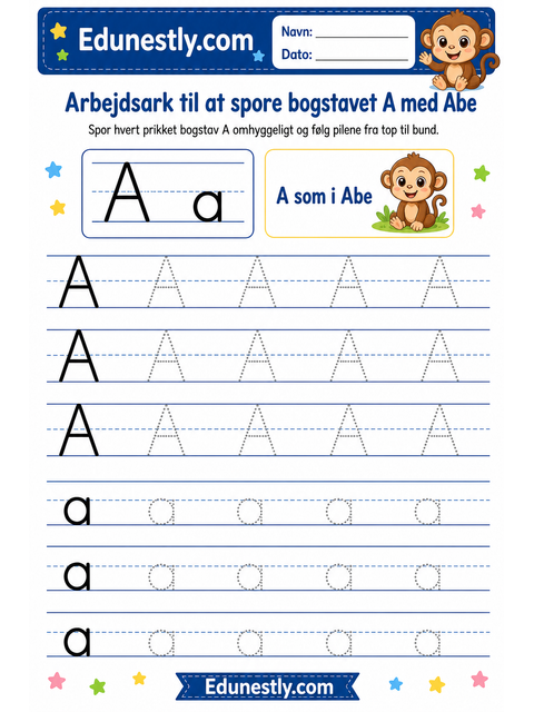 Arbejdsark til at spore bogstavet A med Abe