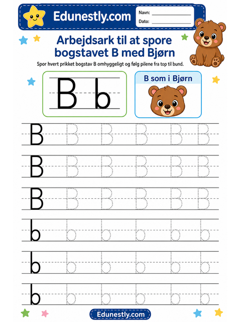 Arbejdsark til at spore bogstavet B med Bjørn