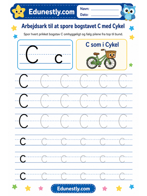 Arbejdsark til at spore bogstavet C med Cykel