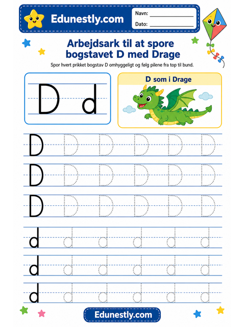 Arbejdsark til at spore bogstavet D med Drage