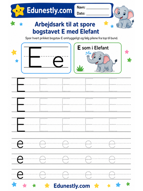 Arbejdsark til at spore bogstavet E med Elefant