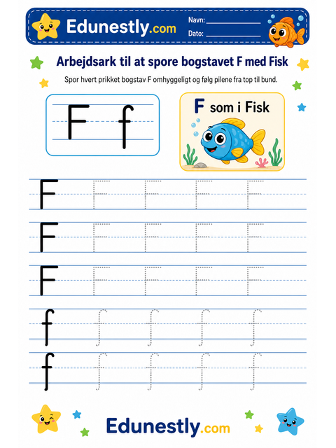 Arbejdsark til at spore bogstavet F med Fisk