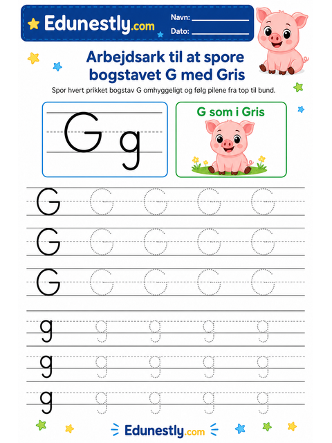 Arbejdsark til at spore bogstavet G med Gris
