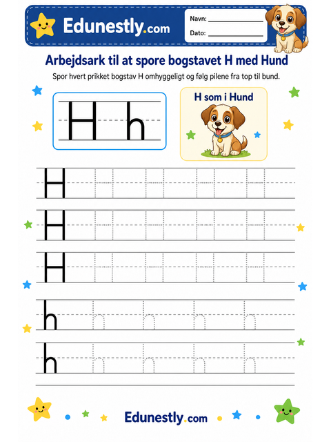Arbejdsark til at spore bogstavet H med Hund