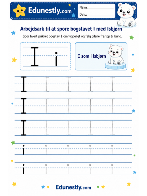 Arbejdsark til at spore bogstavet I med Isbjørn