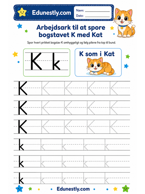 Arbejdsark til at spore bogstavet K med Kat