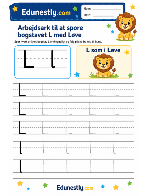 Arbejdsark til at spore bogstavet L med Løve