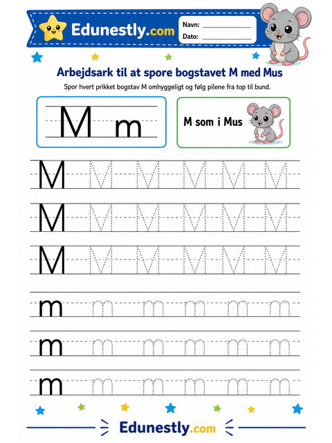 Arbejdsark til at spore bogstavet M med Mus