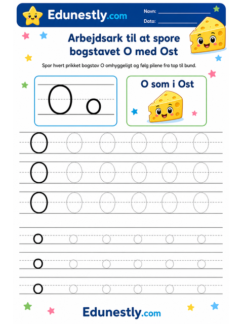 Arbejdsark til at spore bogstavet O med Ost