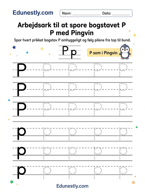 Arbejdsark til at spore bogstavet P med Pingvin