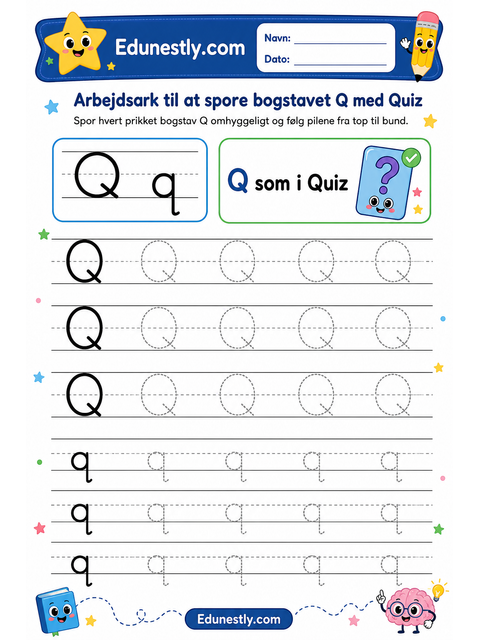 Arbejdsark til at spore bogstavet Q med Quiz