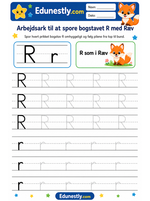 Arbejdsark til at spore bogstavet R med Ræv