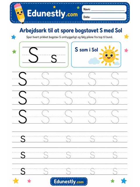 Arbejdsark til at spore bogstavet S med Sol