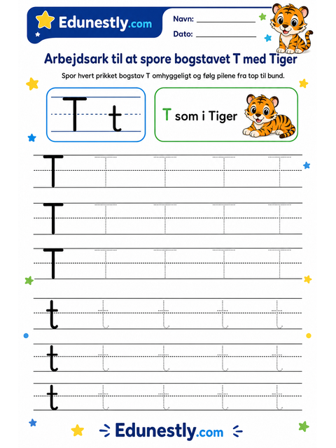 Arbejdsark til at spore bogstavet T med Tiger