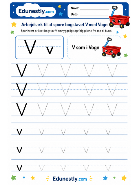 Arbejdsark til at spore bogstavet V med Vogn
