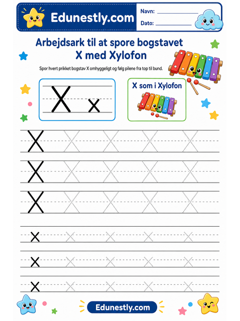 Arbejdsark til at spore bogstavet X med Xylofon