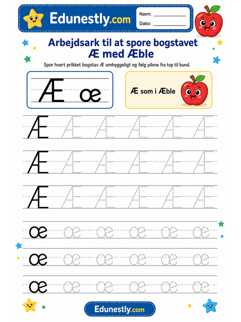 Arbejdsark til at spore bogstavet Æ med Æble