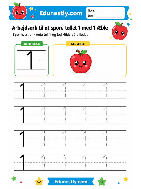 Arbejdsark til at spore tallet 1 med 1 Æble