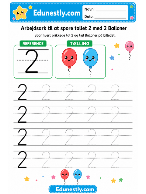 Arbejdsark til at spore tallet 2 med 2 Balloner