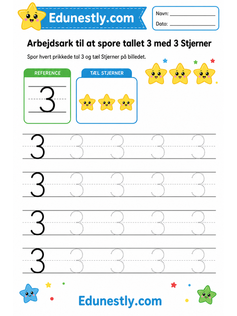 Arbejdsark til at spore tallet 3 med 3 Stjerner