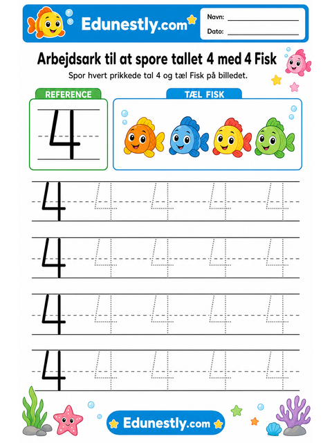 Arbejdsark til at spore tallet 4 med 4 Fisk