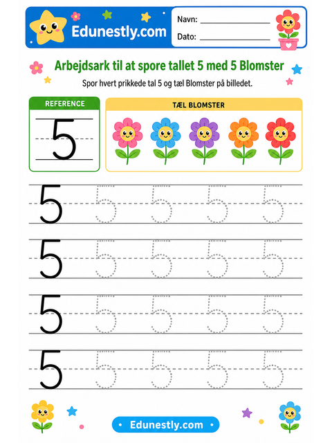 Arbejdsark til at spore tallet 5 med 5 Blomster