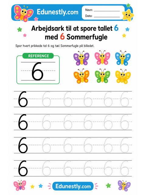 Arbejdsark til at spore tallet 6 med 6 Sommerfugle