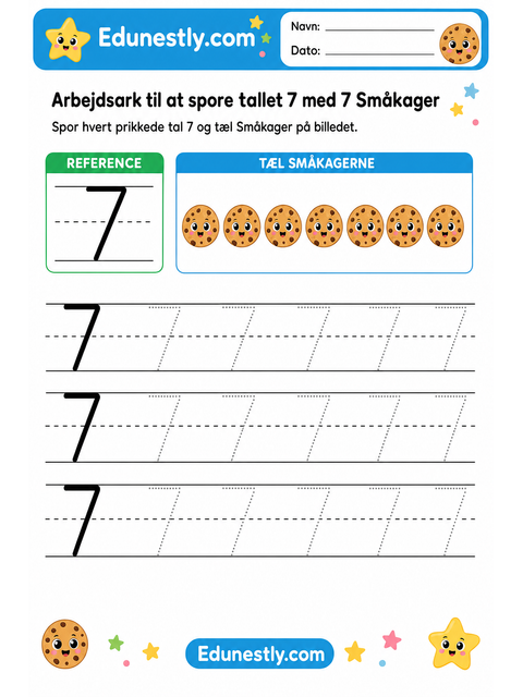 Arbejdsark til at spore tallet 7 med 7 Småkager