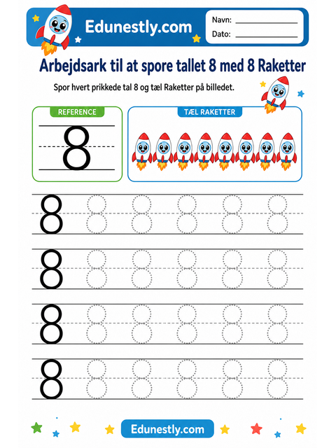 Arbejdsark til at spore tallet 8 med 8 Raketter