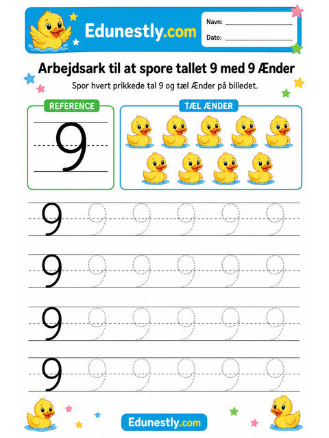 Arbejdsark til at spore tallet 9 med 9 Ænder