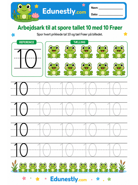 Arbejdsark til at spore tallet 10 med 10 Frøer