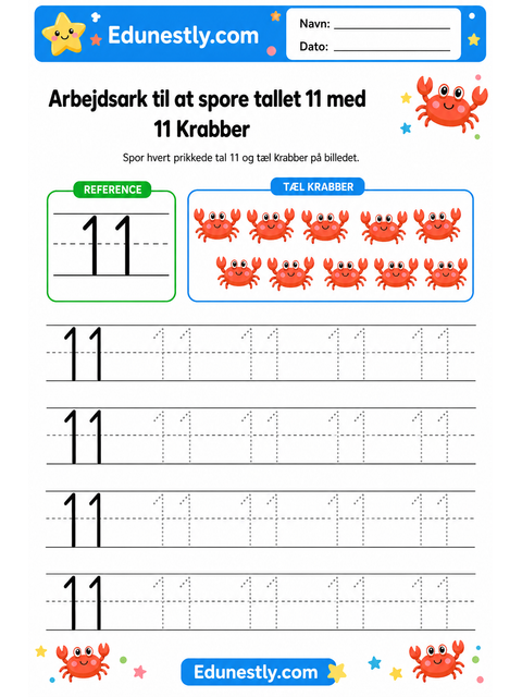 Arbejdsark til at spore tallet 11 med 11 Krabber