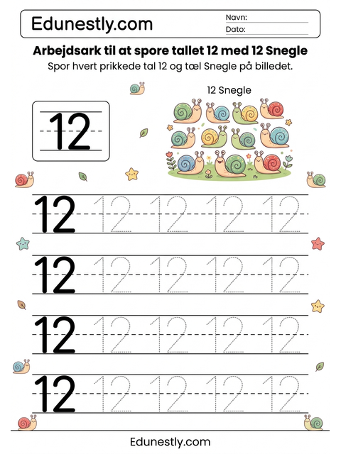 Arbejdsark til at spore tallet 12 med 12 Snegle