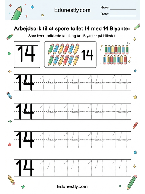 Arbejdsark til at spore tallet 14 med 14 Blyanter