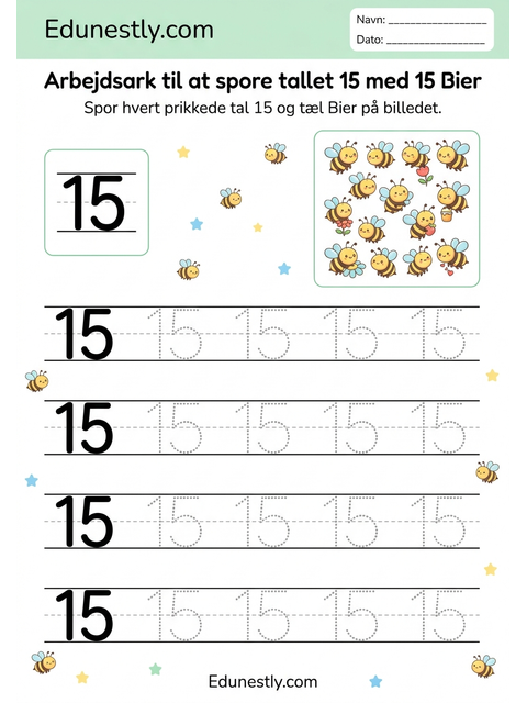 Arbejdsark til at spore tallet 15 med 15 Bier