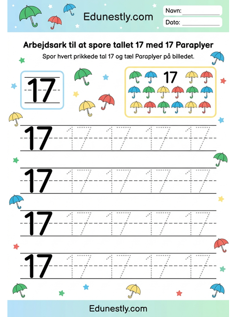 Arbejdsark til at spore tallet 17 med 17 Paraplyer