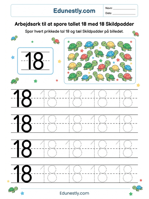 Arbejdsark til at spore tallet 18 med 18 Skildpadder