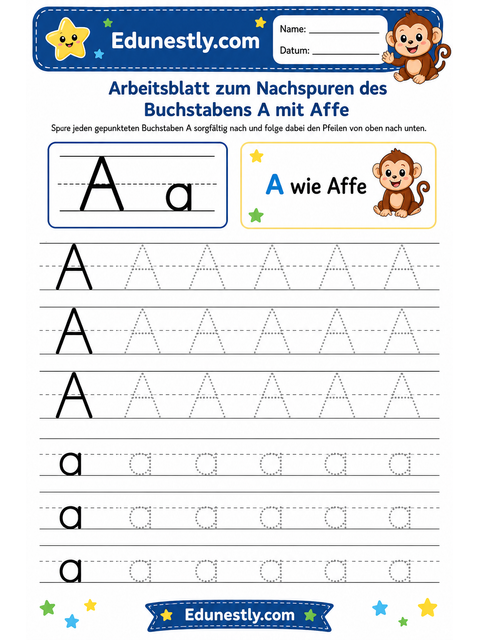 Arbeitsblatt zum Nachspuren des Buchstabens A mit Affe