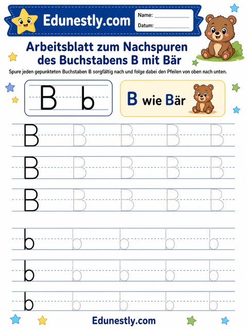 Arbeitsblatt zum Nachspuren des Buchstabens B mit Bär