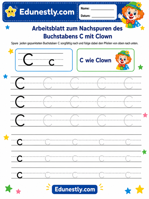 Arbeitsblatt zum Nachspuren des Buchstabens C mit Clown