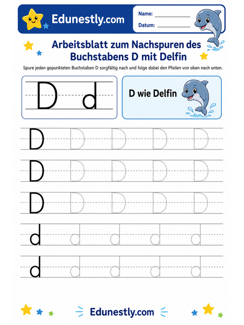 Arbeitsblatt zum Nachspuren des Buchstabens D mit Delfin