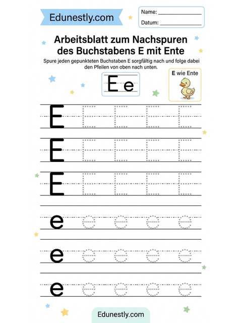 Arbeitsblatt zum Nachspuren des Buchstabens E mit Ente