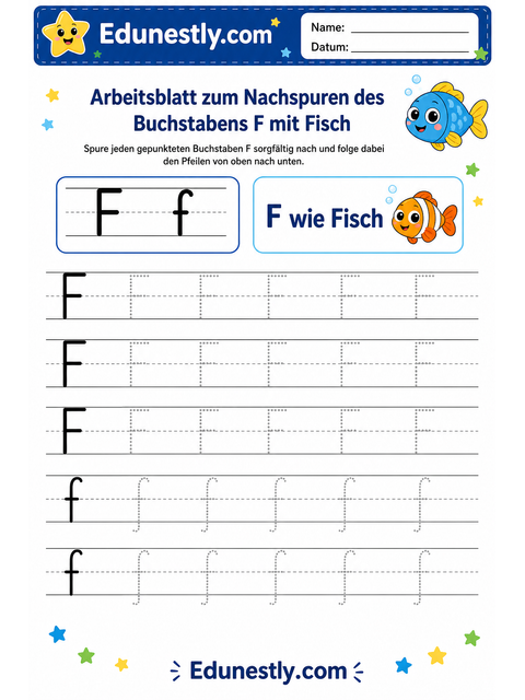 Arbeitsblatt zum Nachspuren des Buchstabens F mit Fisch