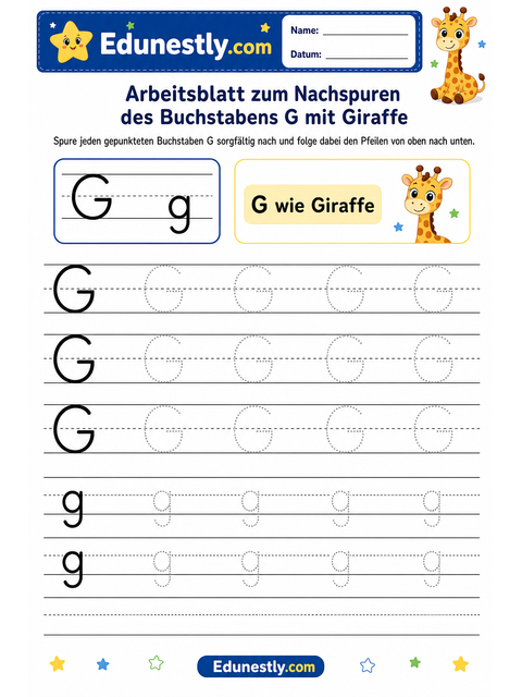 Arbeitsblatt zum Nachspuren des Buchstabens G mit Giraffe