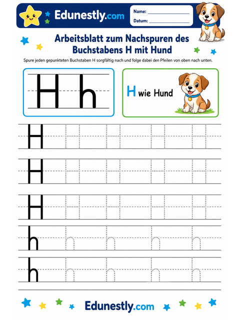 Arbeitsblatt zum Nachspuren des Buchstabens H mit Hund