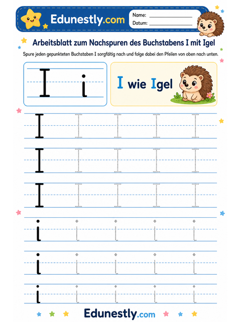 Arbeitsblatt zum Nachspuren des Buchstabens I mit Igel