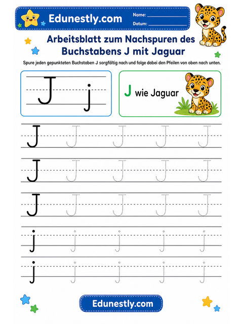 Arbeitsblatt zum Nachspuren des Buchstabens J mit Jaguar