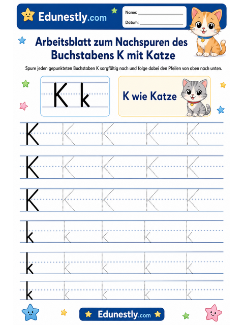 Arbeitsblatt zum Nachspuren des Buchstabens K mit Katze