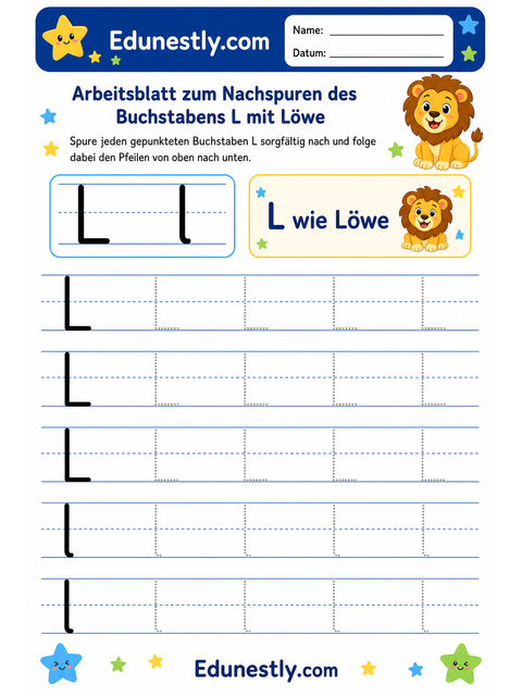 Arbeitsblatt zum Nachspuren des Buchstabens L mit Löwe