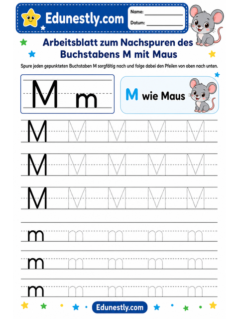 Arbeitsblatt zum Nachspuren des Buchstabens M mit Maus